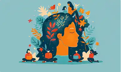 Illustration of women meditating and reading in a peaceful natural setting.