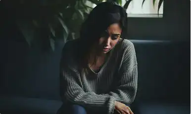 Woman sitting alone in contemplation, seeking peace and solace.