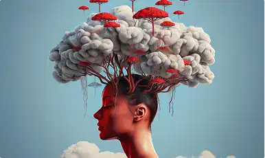 Woman with cloud and umbrella headpiece symbolizing peace and tranquility.