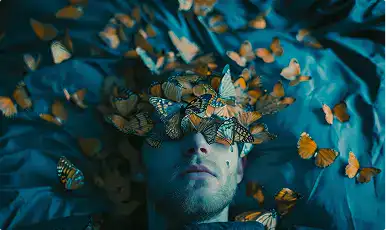 Man lying down surrounded by butterflies, symbolizing tranquility and spiritual growth.