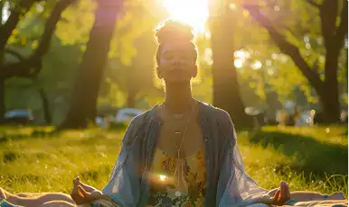 Peaceful woman meditating outdoors in a lush green park during sunset.