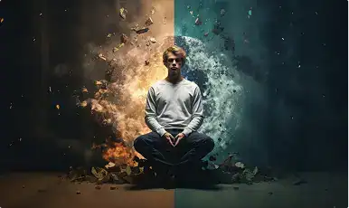 Man meditating in a split background of fire and water for inner peace.