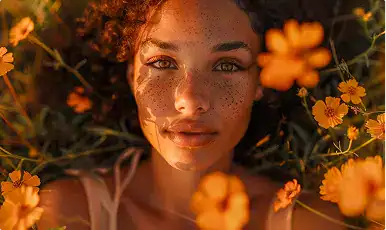 Woman lying in a field of orange flowers, enjoying peaceful nature scene.